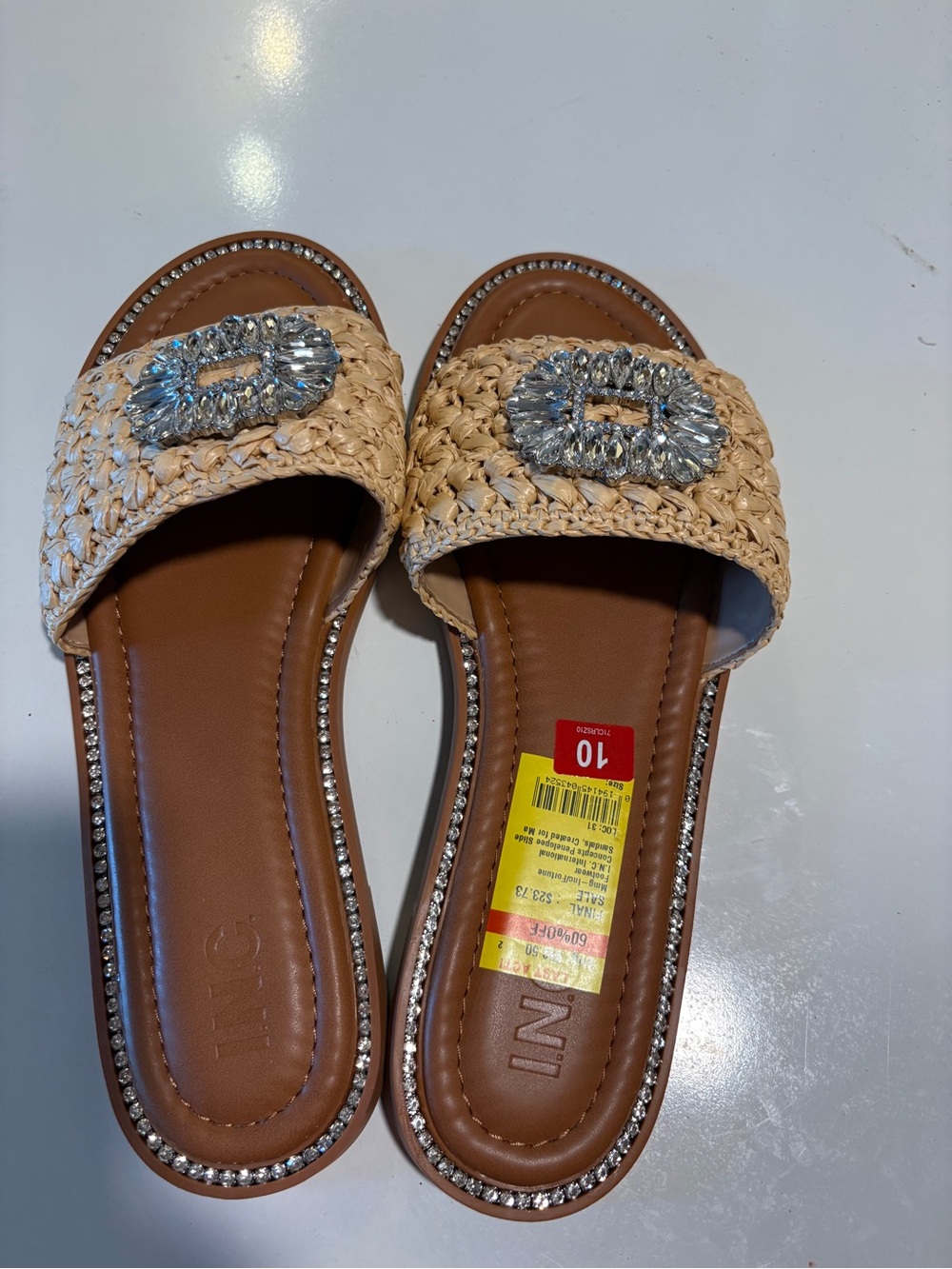 Beige Raffia Slide Sandals with Crystal Buckle